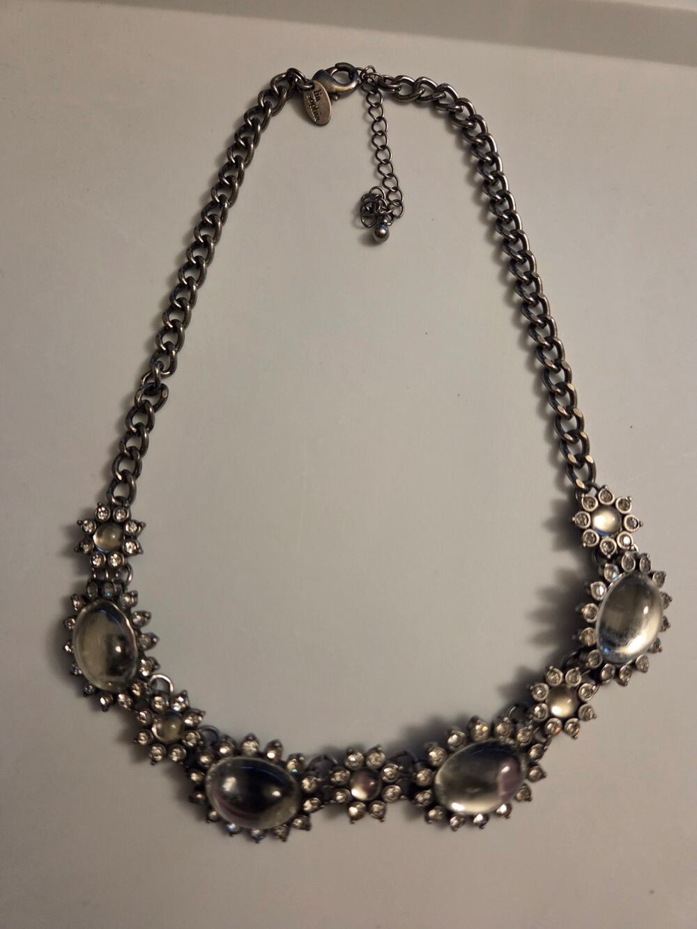Lia Sophia Statement Necklace Silver Tone Clear Resin Rhinestone Bold Floral